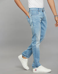 Light Blue 5 Pocket Mid-Rise Slim Straight Fit Stretch Jeans