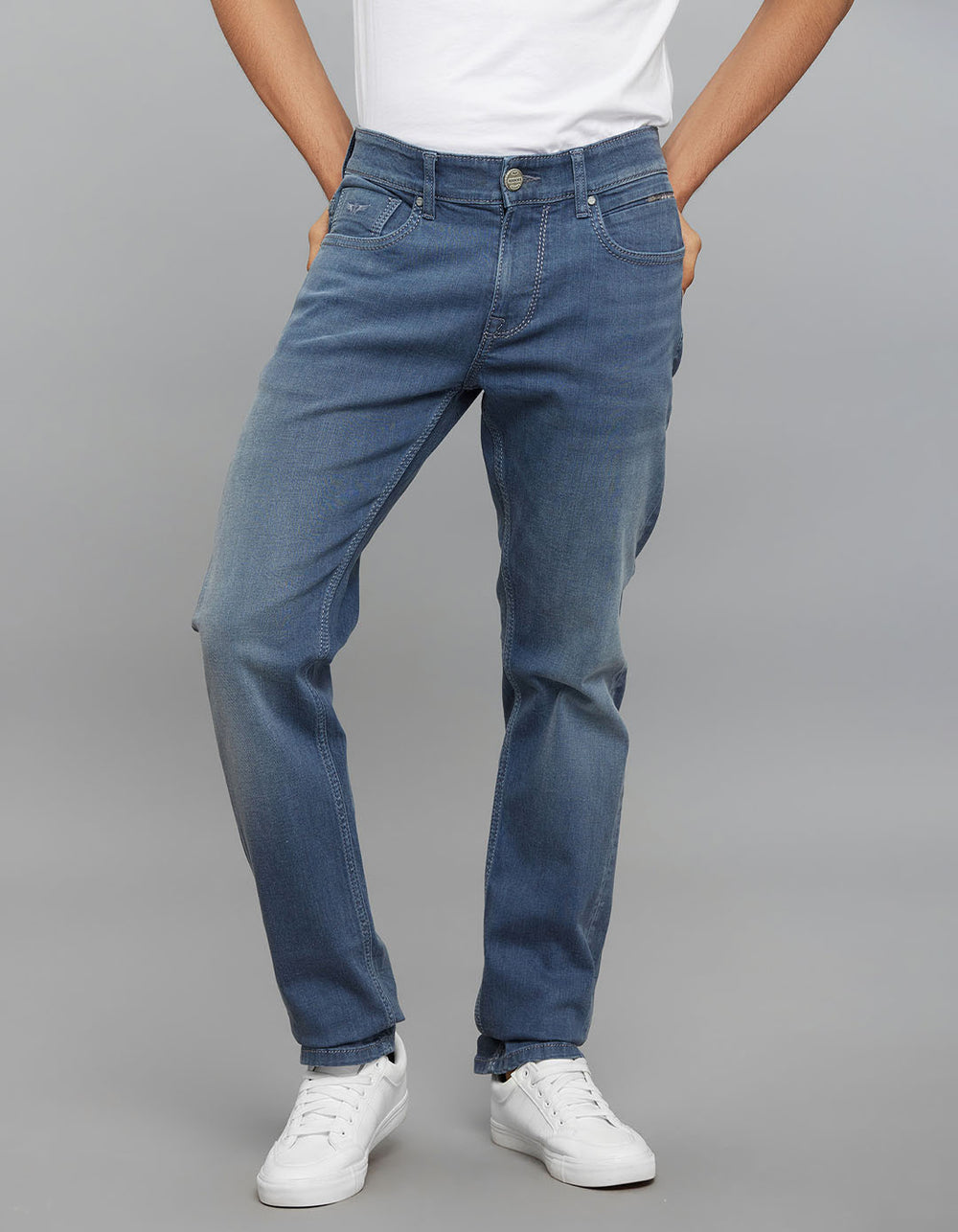 Petrol 5 Pocket Mid-Rise Slim Straight Fit Stretch Jeans