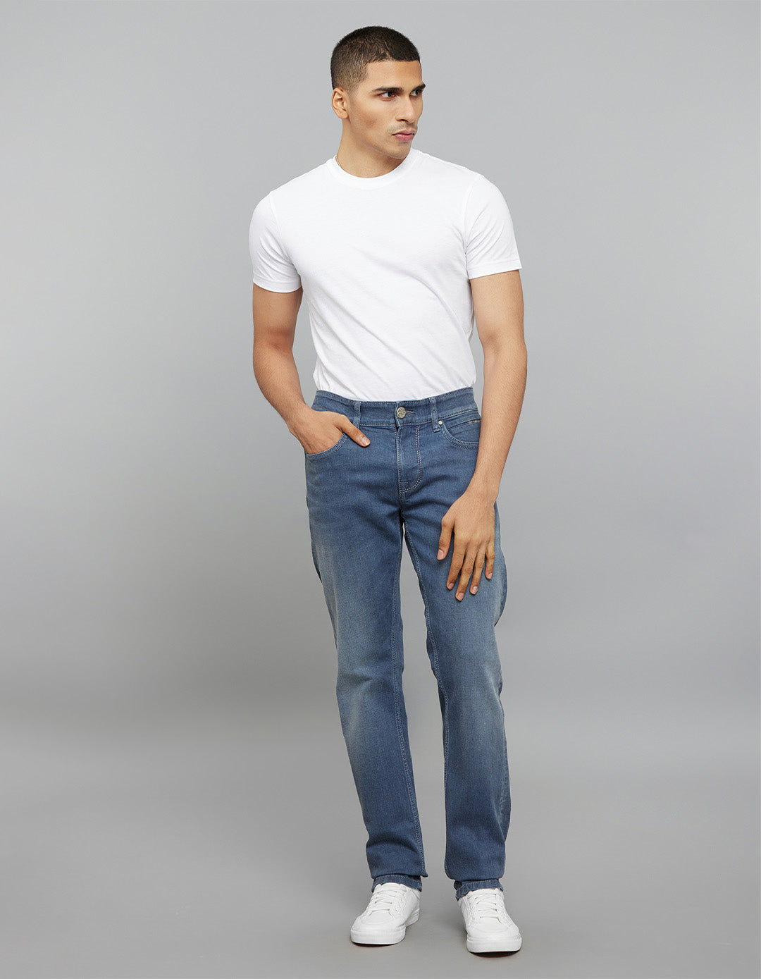 Petrol 5 Pocket Mid-Rise Slim Straight Fit Stretch Jeans
