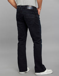 Dark Blue 5 Pocket Mid Rise Cropped length Loose Boot Leg Stretch Jeans