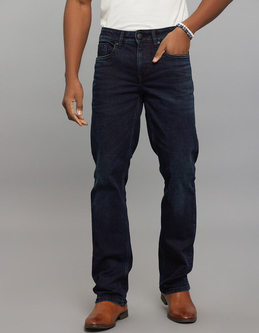 Dark Blue 5 Pocket Mid Rise Loose Boot Leg Stretch Jeans