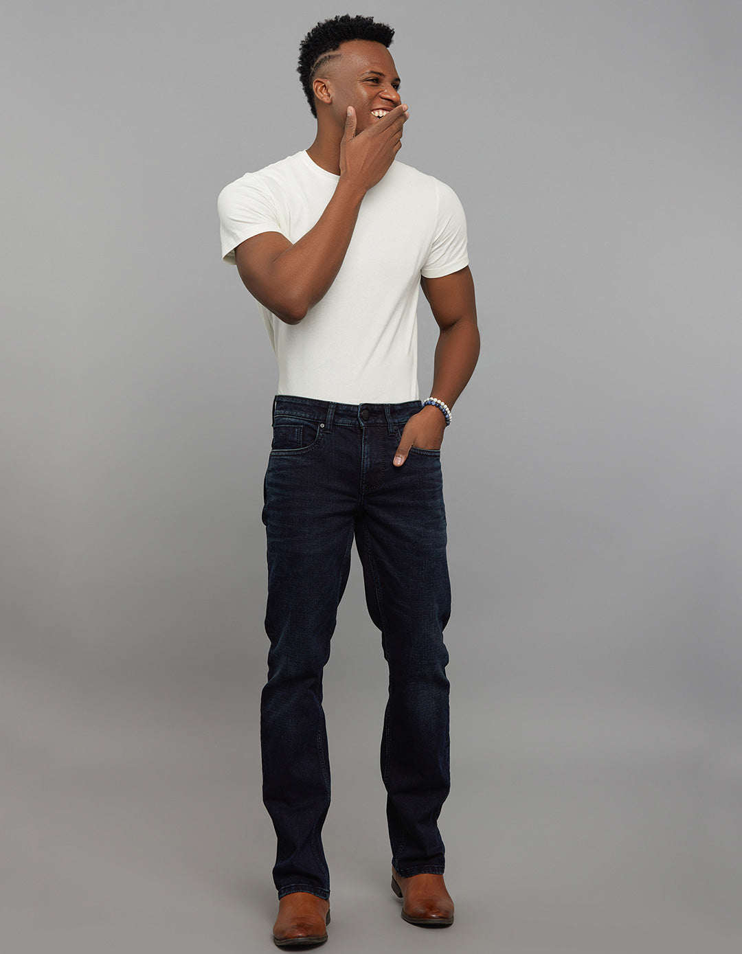 Dark Blue 5 Pocket Mid Rise Loose Boot Leg Stretch Jeans