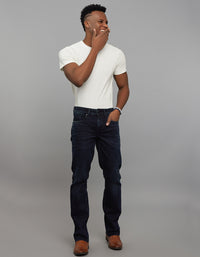 Dark Blue 5 Pocket Mid Rise Loose Boot Leg Stretch Jeans