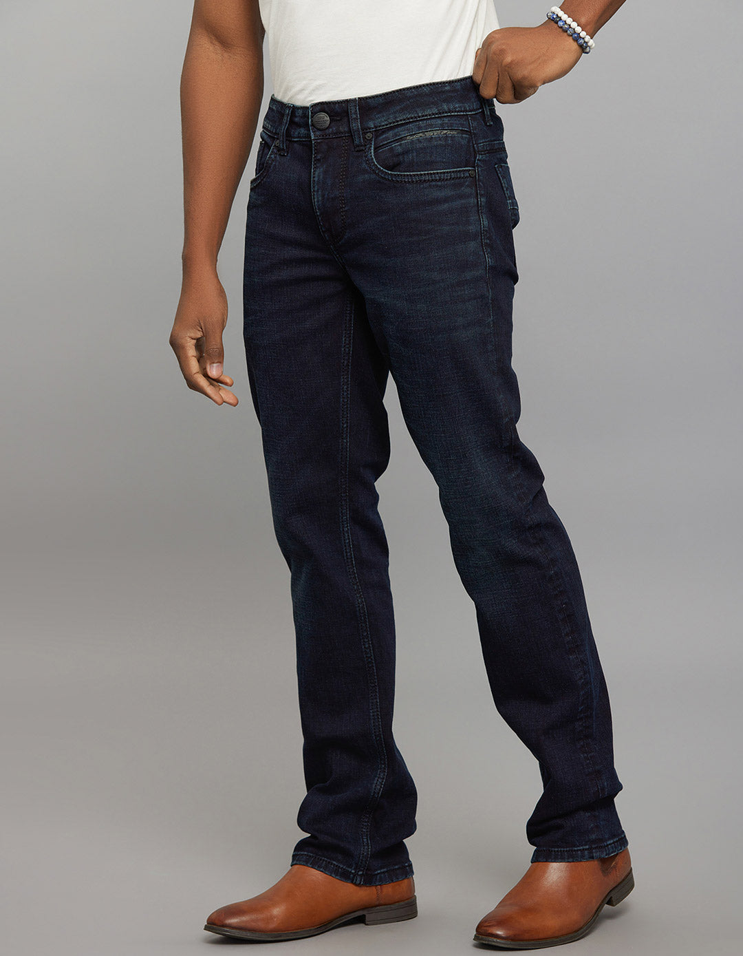 Dark Blue 5 Pocket Mid Rise Loose Boot Leg Stretch Jeans