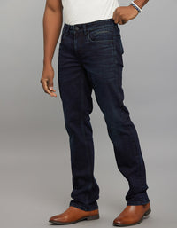 Dark Blue 5 Pocket Mid Rise Loose Boot Leg Stretch Jeans