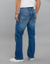 Med Blue 5 Pocket Mid Rise Cropped Length Loose Boot Leg Stretch Jeans