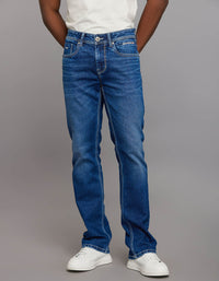 Medium Blue 5 Pocket Mid Rise Loose Boot Leg Stretch Jeans