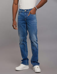 Medium Blue 5 Pocket Mid Rise Loose Boot Leg Stretch Jeans