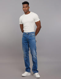 Medium Blue 5 Pocket Mid Rise Loose Boot Leg Stretch Jeans