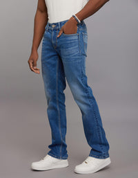Medium Blue 5 Pocket Mid Rise Loose Boot Leg Stretch Jeans