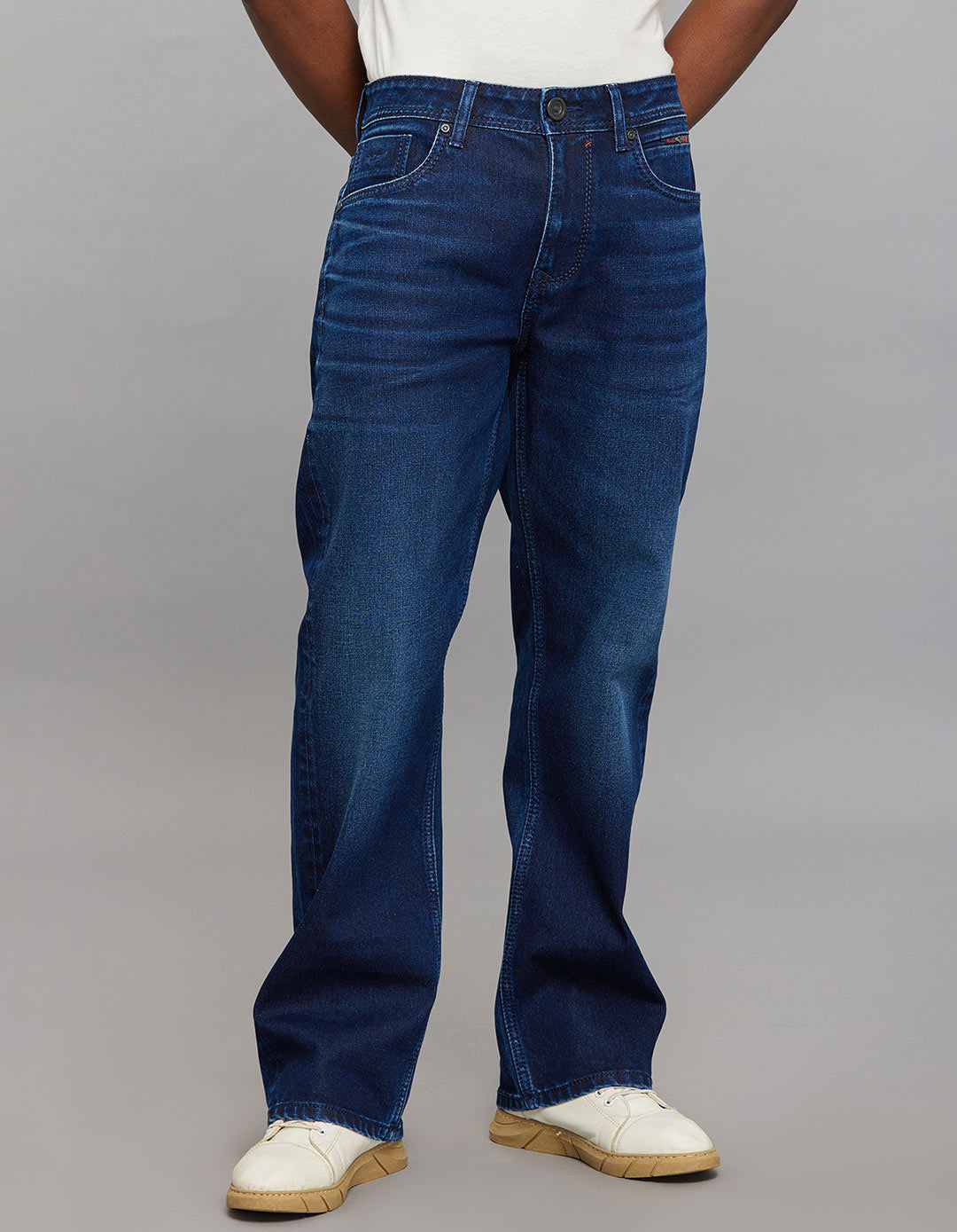 Dark Blue 5 Pocket Midrise Loose Fit Stretch Jeans
