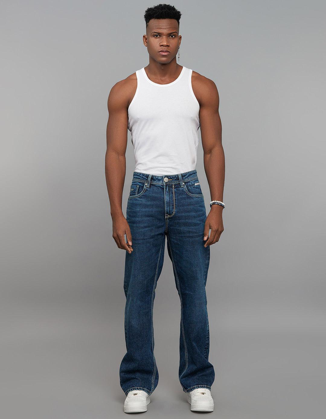Medium Blue 5 Pocket Midrise Loose Fit Stretch Jeans
