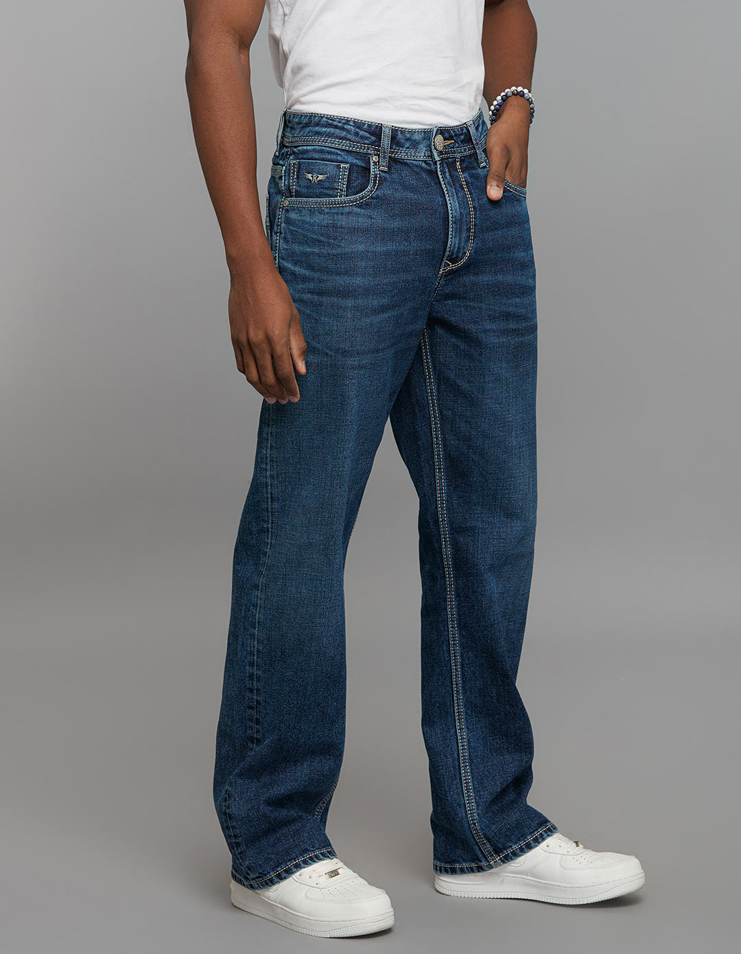 Medium Blue 5 Pocket Midrise Loose Fit Stretch Jeans