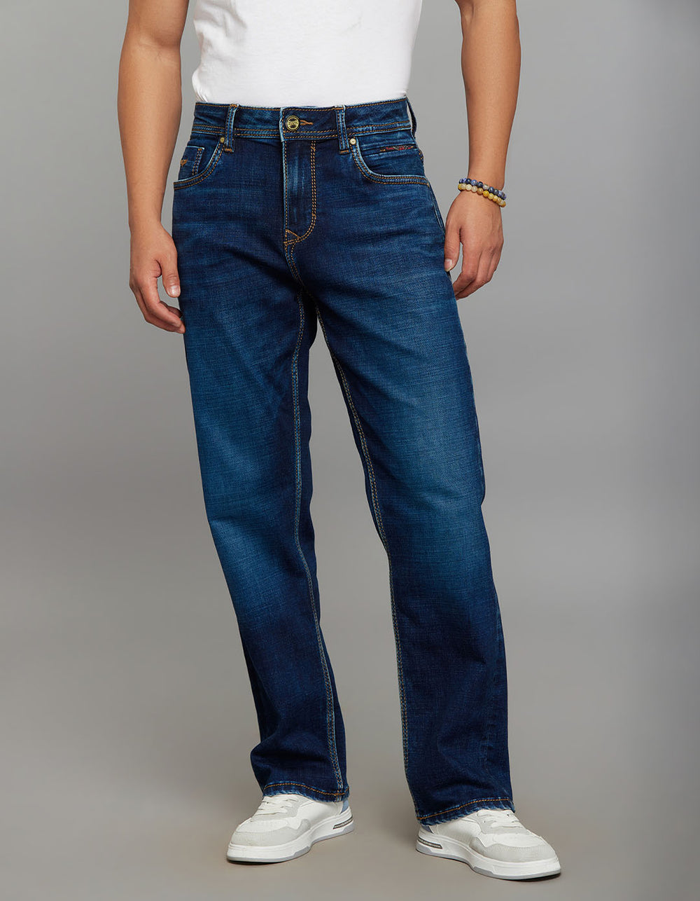 Dark Blue 5 Pocket Cropped Mid Rise, Comfort & Straight Fit Stretch Jeans