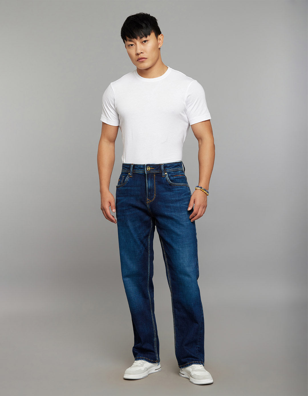 Dark Blue 5 Pocket Cropped Mid Rise, Comfort & Straight Fit Stretch Jeans