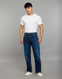 Dark Blue 5 Pocket Cropped Mid Rise, Comfort & Straight Fit Stretch Jeans