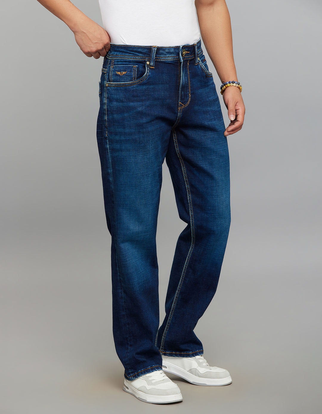 Dark Blue 5 Pocket Cropped Mid Rise, Comfort & Straight Fit Stretch Jeans