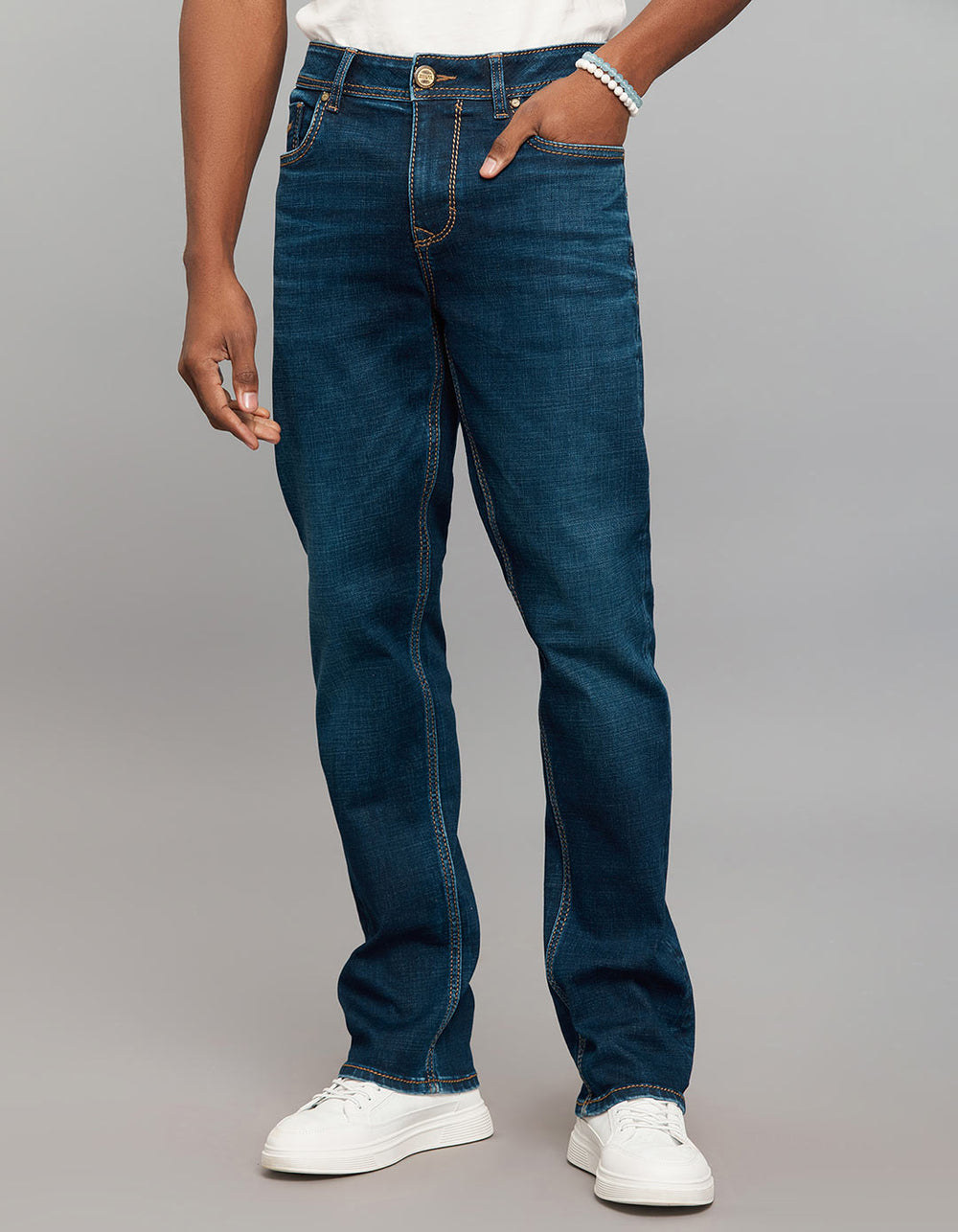 Dark Blue 5 Pocket Midrise, Comfort And Straight Fit Stretch Jeans