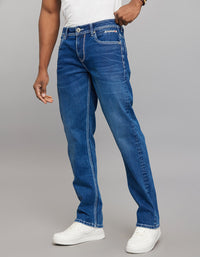 Medium Blue 5 Pocket Midrise, Comfort And Straight Fit Stretch Jeans