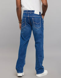 Medium Blue 5 Pocket Midrise, Comfort And Straight Fit Stretch Jeans