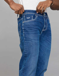 Medium Blue 5 Pocket Midrise, Comfort And Straight Fit Stretch Jeans