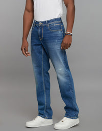 Medium Blue 5 Pocket Midrise, Comfort And Straight Fit Stretch Jeans