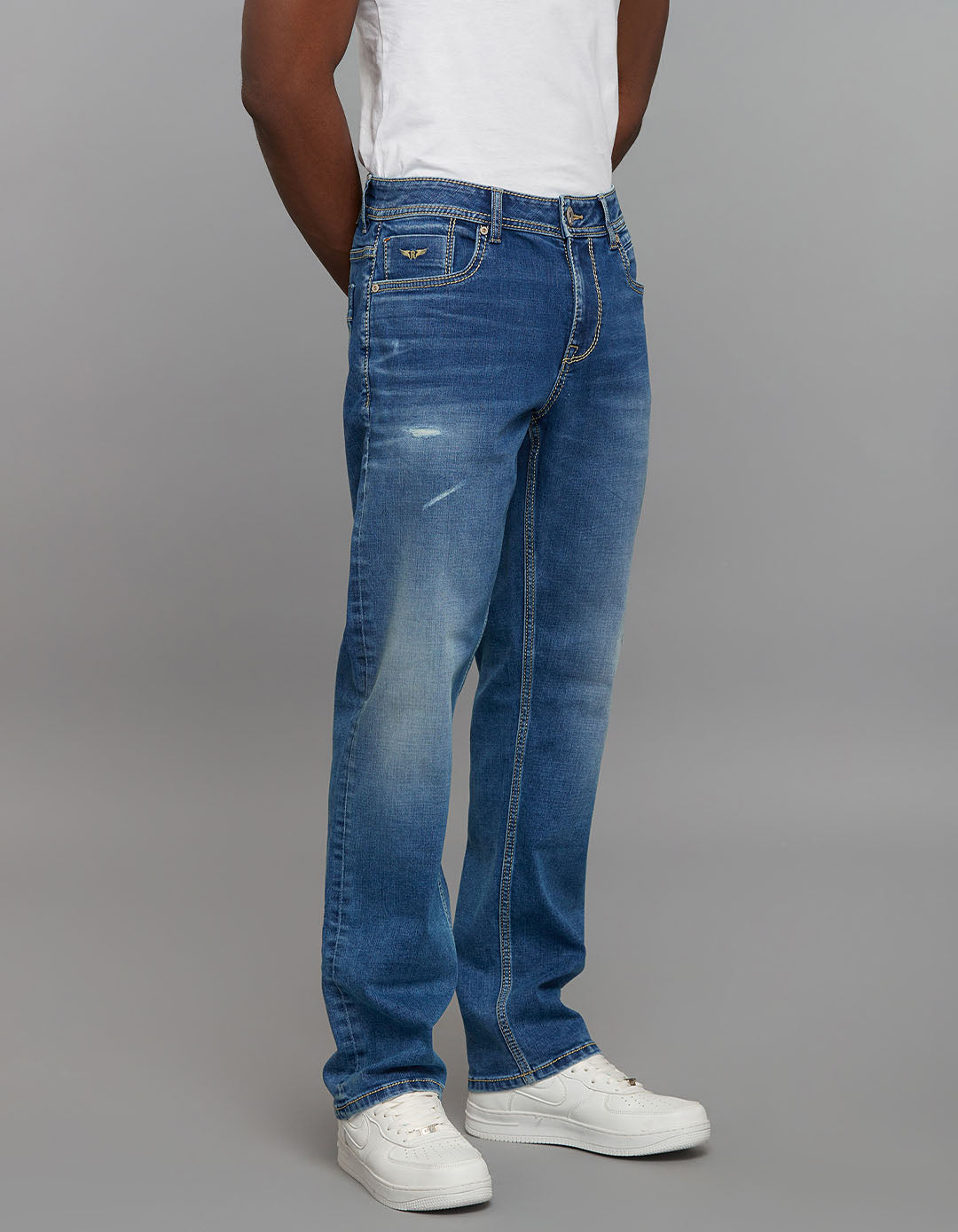 Medium Blue 5 Pocket Midrise, Comfort And Straight Fit Stretch Jeans