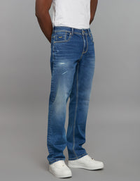 Medium Blue 5 Pocket Midrise, Comfort And Straight Fit Stretch Jeans