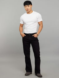 Black 5 Pocket Mid Rise Cropped Length Loose Boot Leg Stretch Jeans