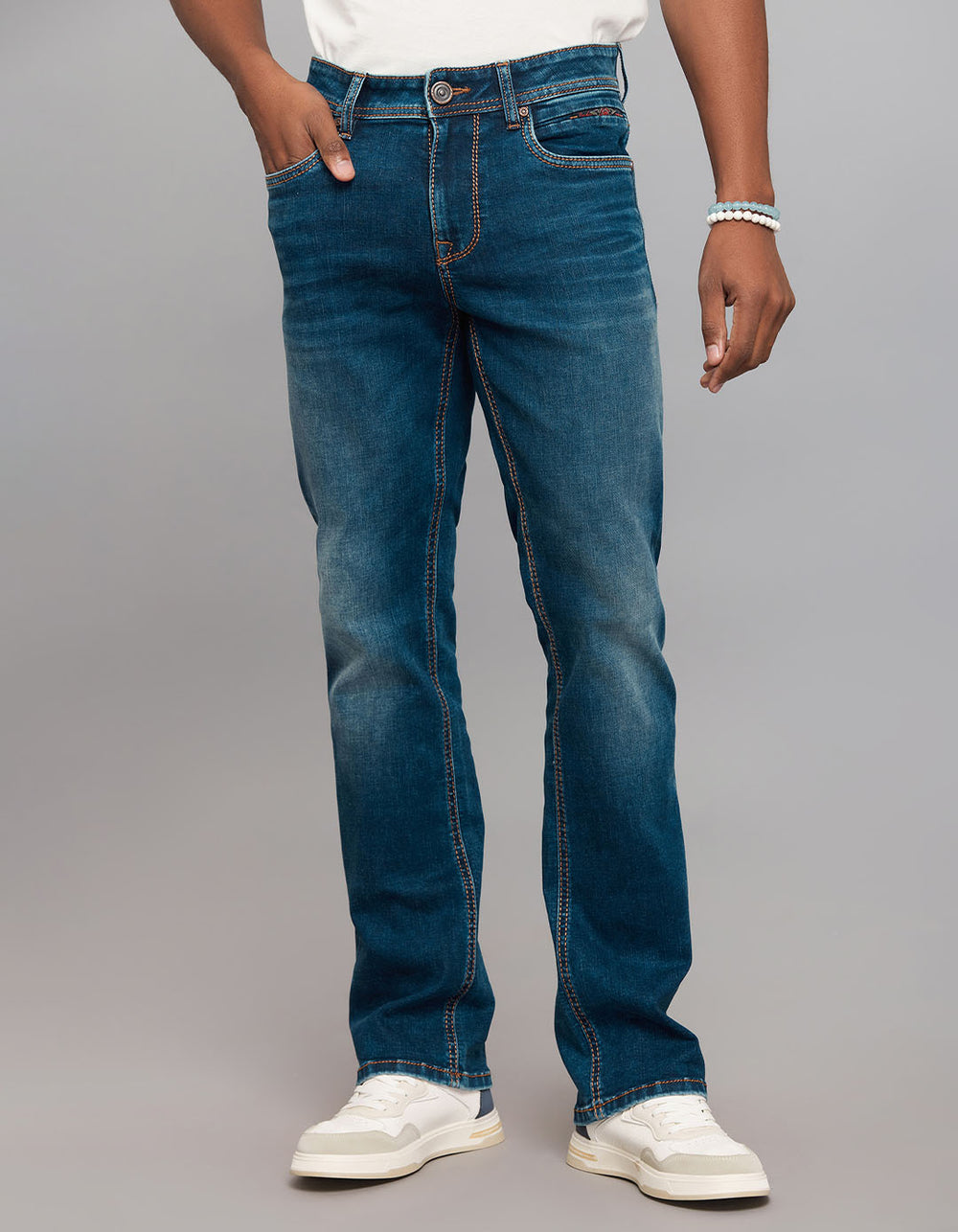 Dark Blue 5 Pocket Mid Rise Loose Boot Leg Stretch Jeans