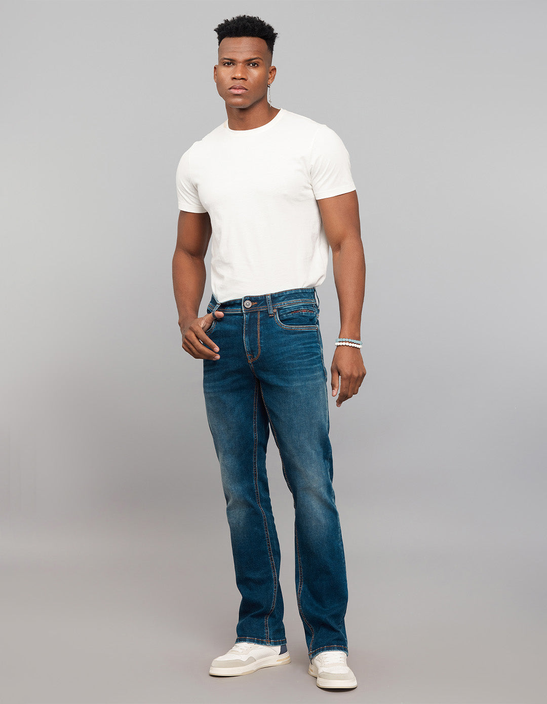 Dark Blue 5 Pocket Mid Rise Loose Boot Leg Stretch Jeans