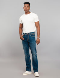 Dark Blue 5 Pocket Mid Rise Loose Boot Leg Stretch Jeans