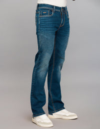 Dark Blue 5 Pocket Mid Rise Loose Boot Leg Stretch Jeans