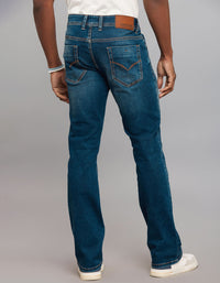 Dark Blue 5 Pocket Mid Rise Loose Boot Leg Stretch Jeans