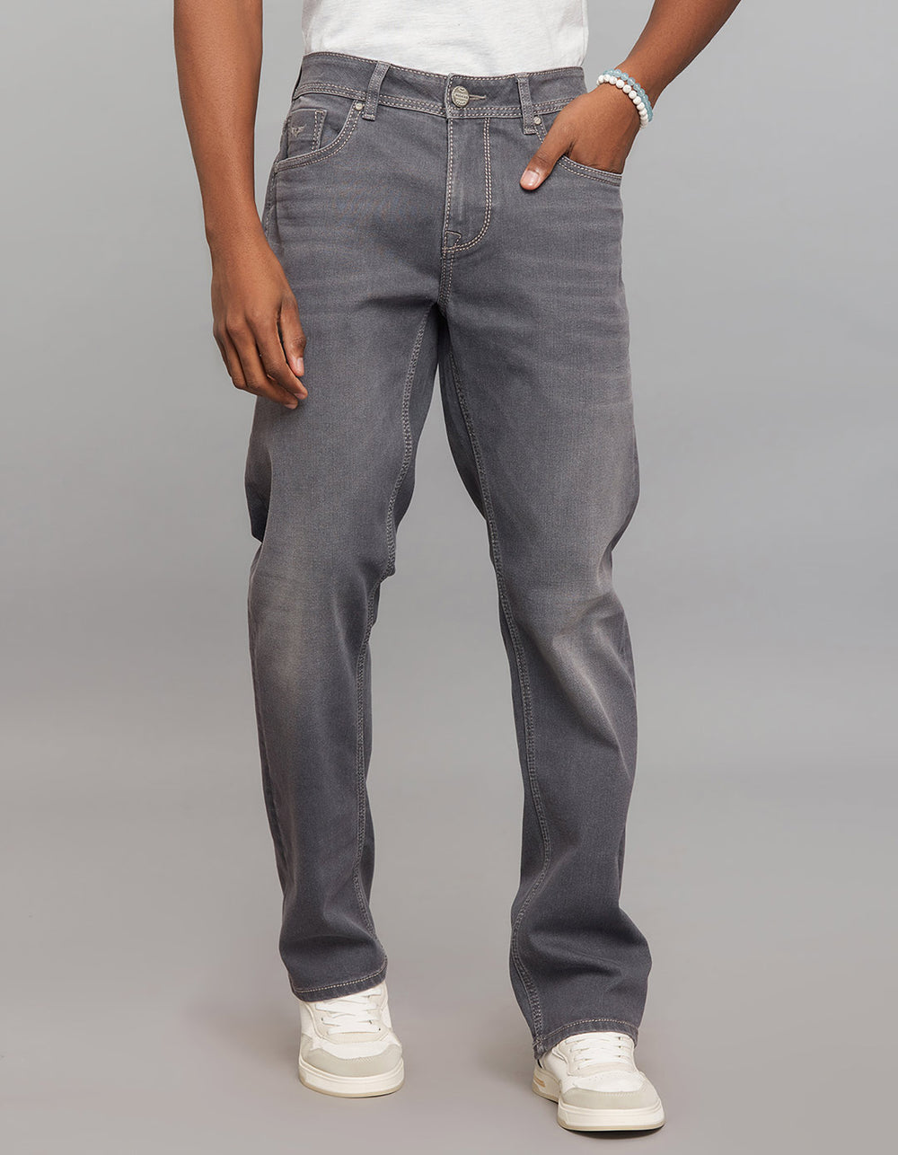 Grey 5 Pocket Midrise, Comfort And Straight Fit Stretch Jeans