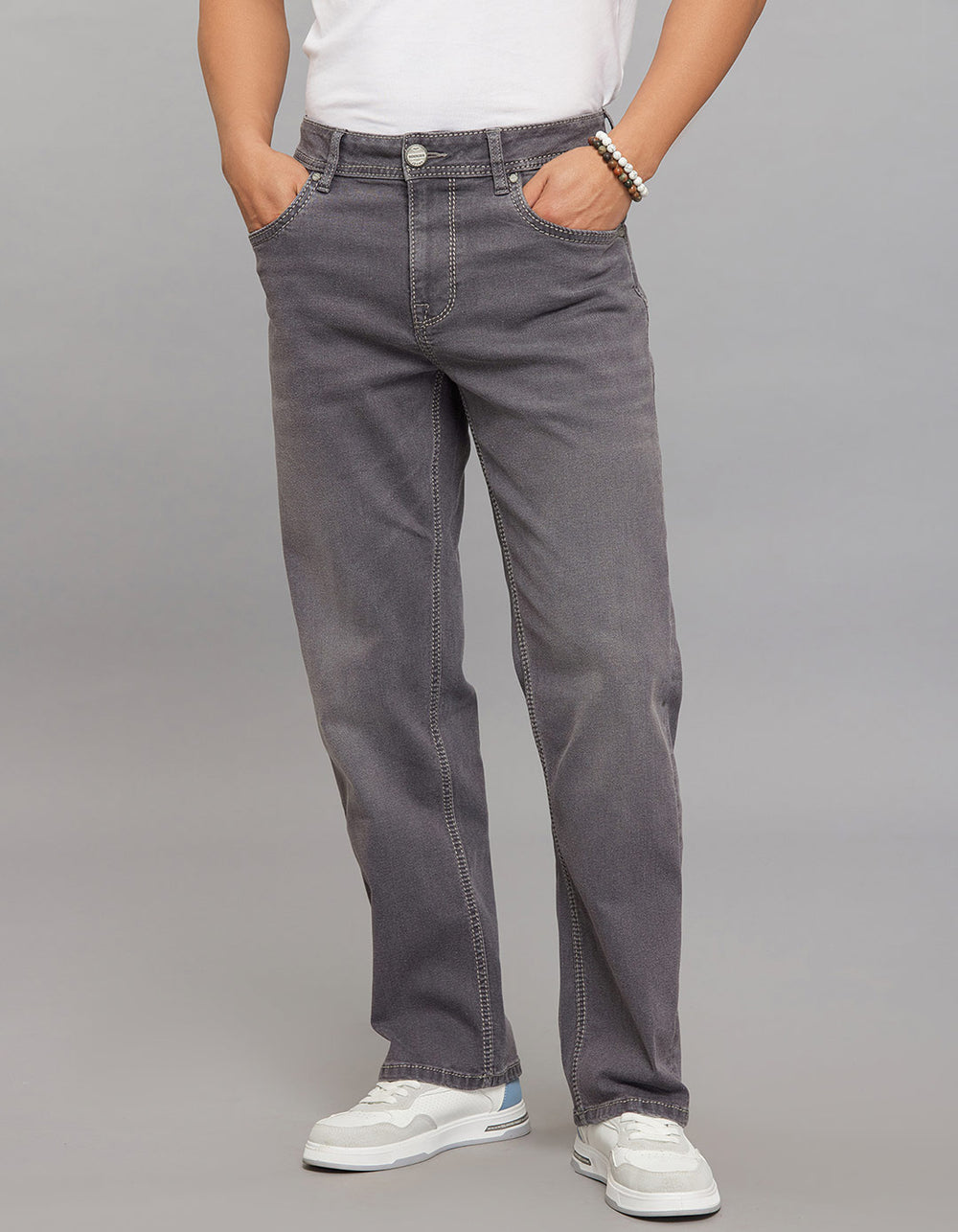 Grey 5 Pocket Midrise, Comfort And Straight Crop Length Stretch Jeans