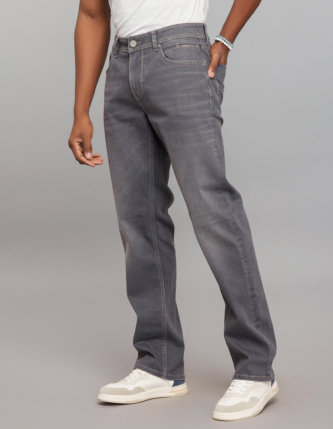 Grey 5 Pocket Midrise, Comfort And Straight Fit Stretch Jeans