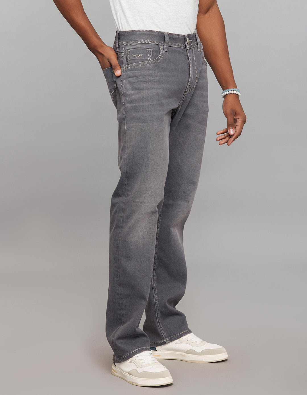 Grey 5 Pocket Midrise, Comfort And Straight Fit Stretch Jeans