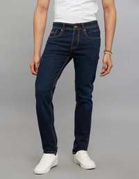 Dark Blue 5 Pocket Mid-Rise Slim Straight Fit Knit Jeans