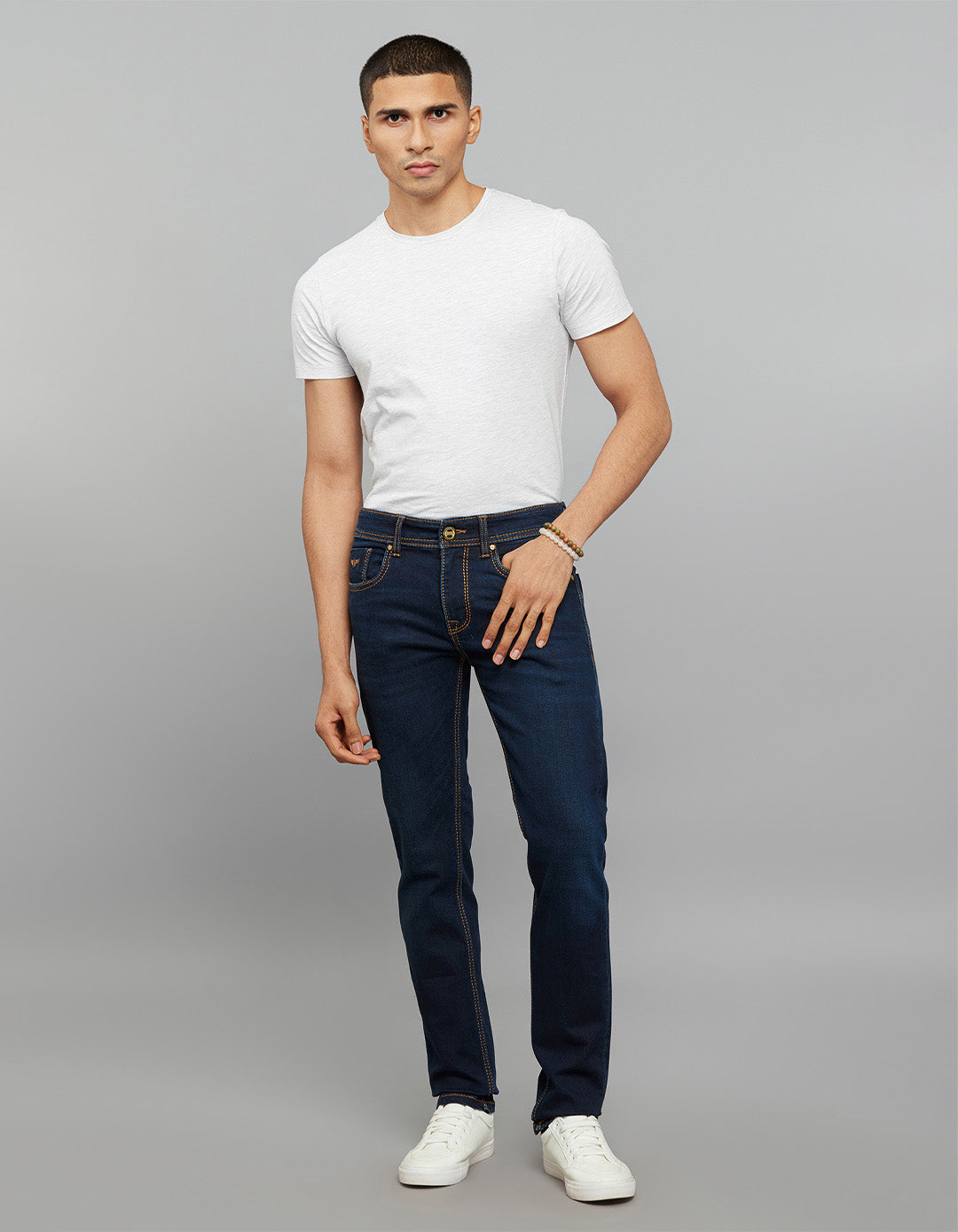 Dark Blue 5 Pocket Mid-Rise Slim Straight Fit Knit Jeans