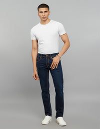 Dark Blue 5 Pocket Mid-Rise Slim Straight Fit Knit Jeans