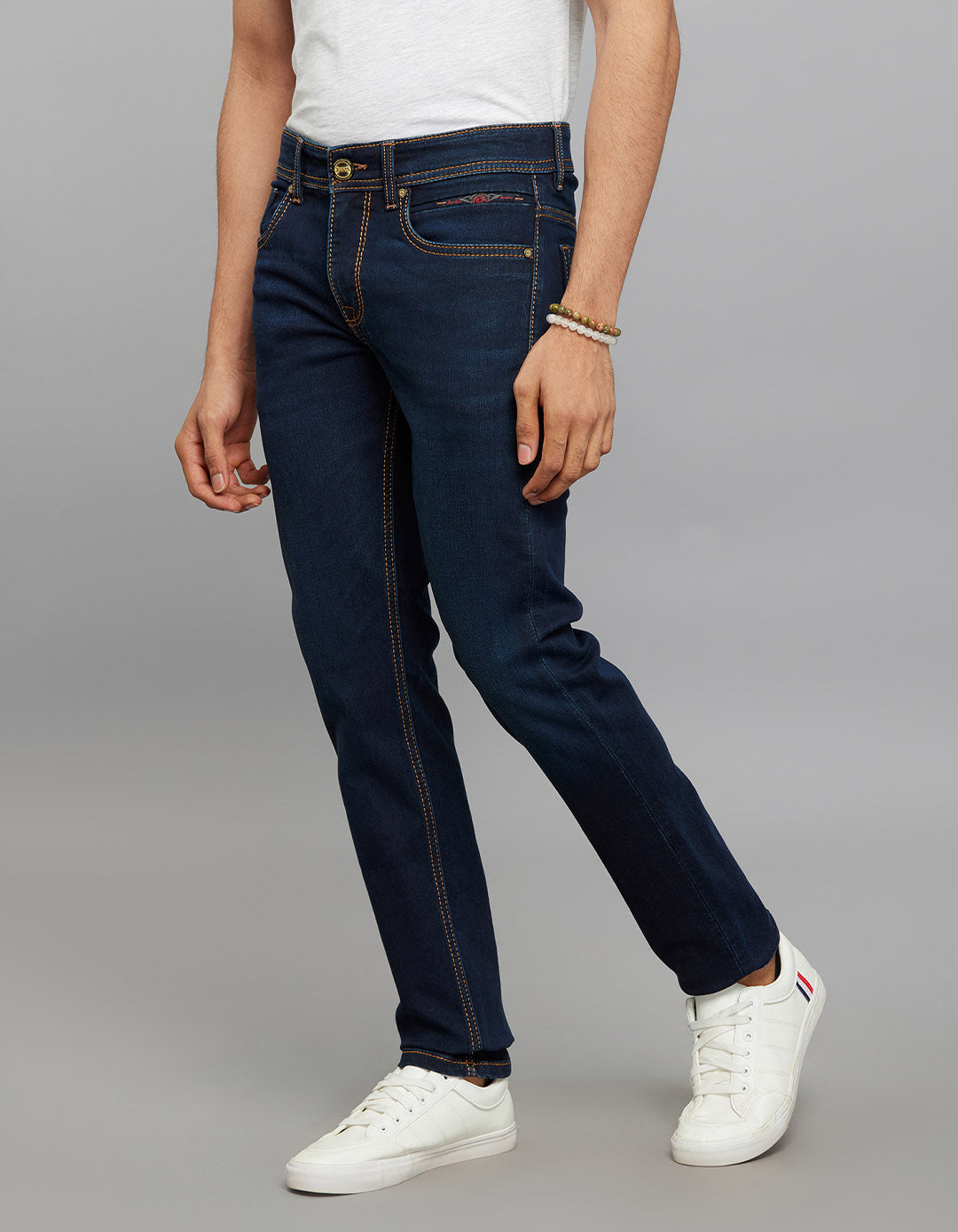 Dark Blue 5 Pocket Mid-Rise Slim Straight Fit Knit Jeans