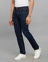 Dark Blue 5 Pocket Mid-Rise Slim Straight Fit Knit Jeans