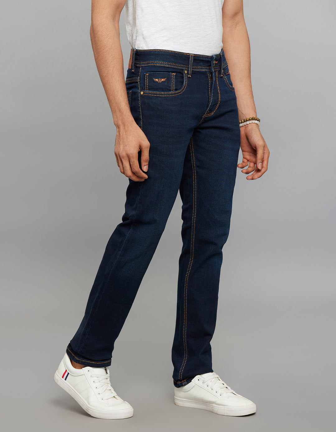 Dark Blue 5 Pocket Mid-Rise Slim Straight Fit Knit Jeans