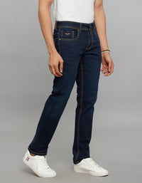 Dark Blue 5 Pocket Mid-Rise Slim Straight Fit Knit Jeans