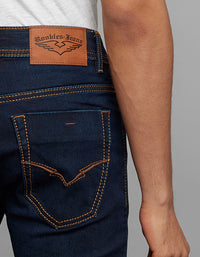 Dark Blue 5 Pocket Mid-Rise Slim Straight Fit Knit Jeans