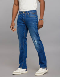 Medium Blue 5 Pocket Midrise, Comfort And Straight Fit Stretch Jeans