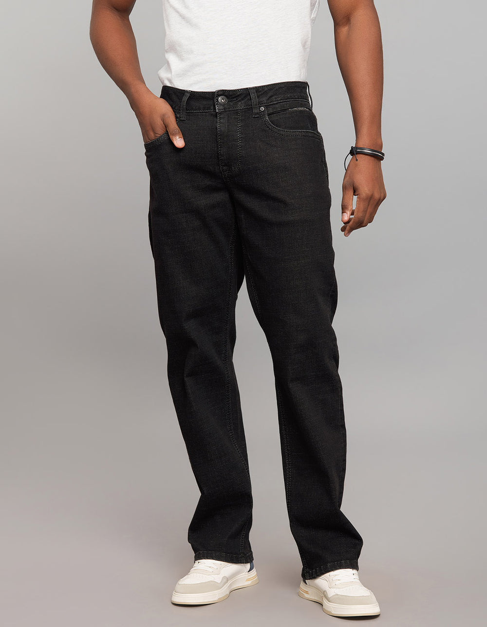 Dark Grey 5 Pocket Midrise, Comfort And Straight Fit Stretch Jeans
