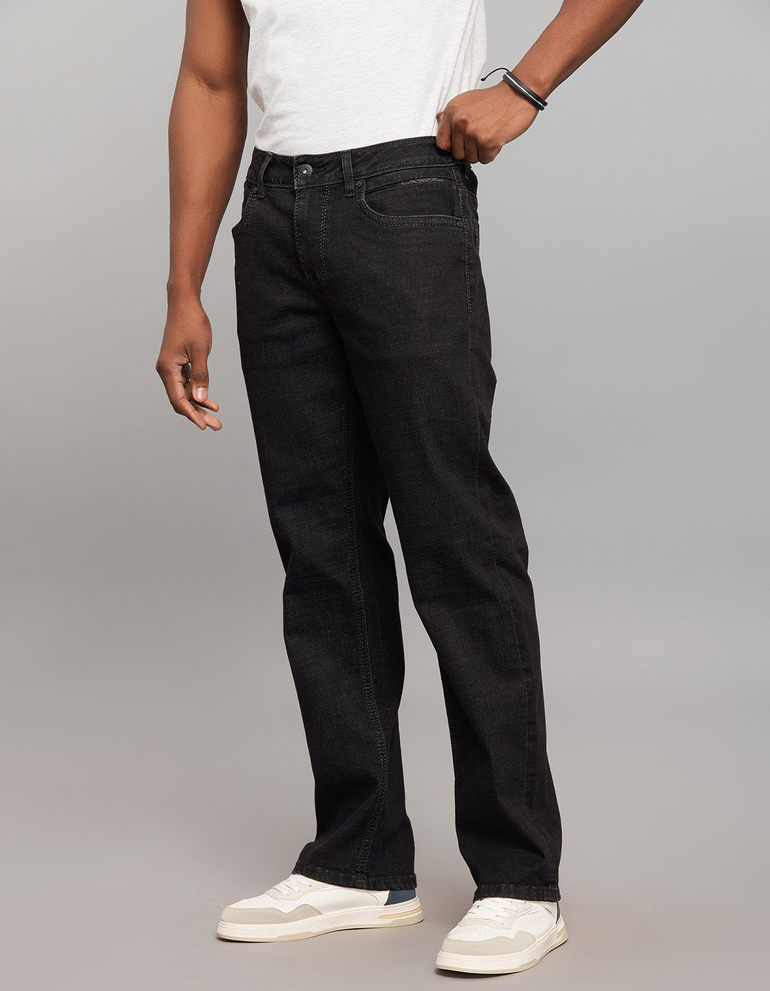 Dark Grey 5 Pocket Midrise, Comfort And Straight Fit Stretch Jeans