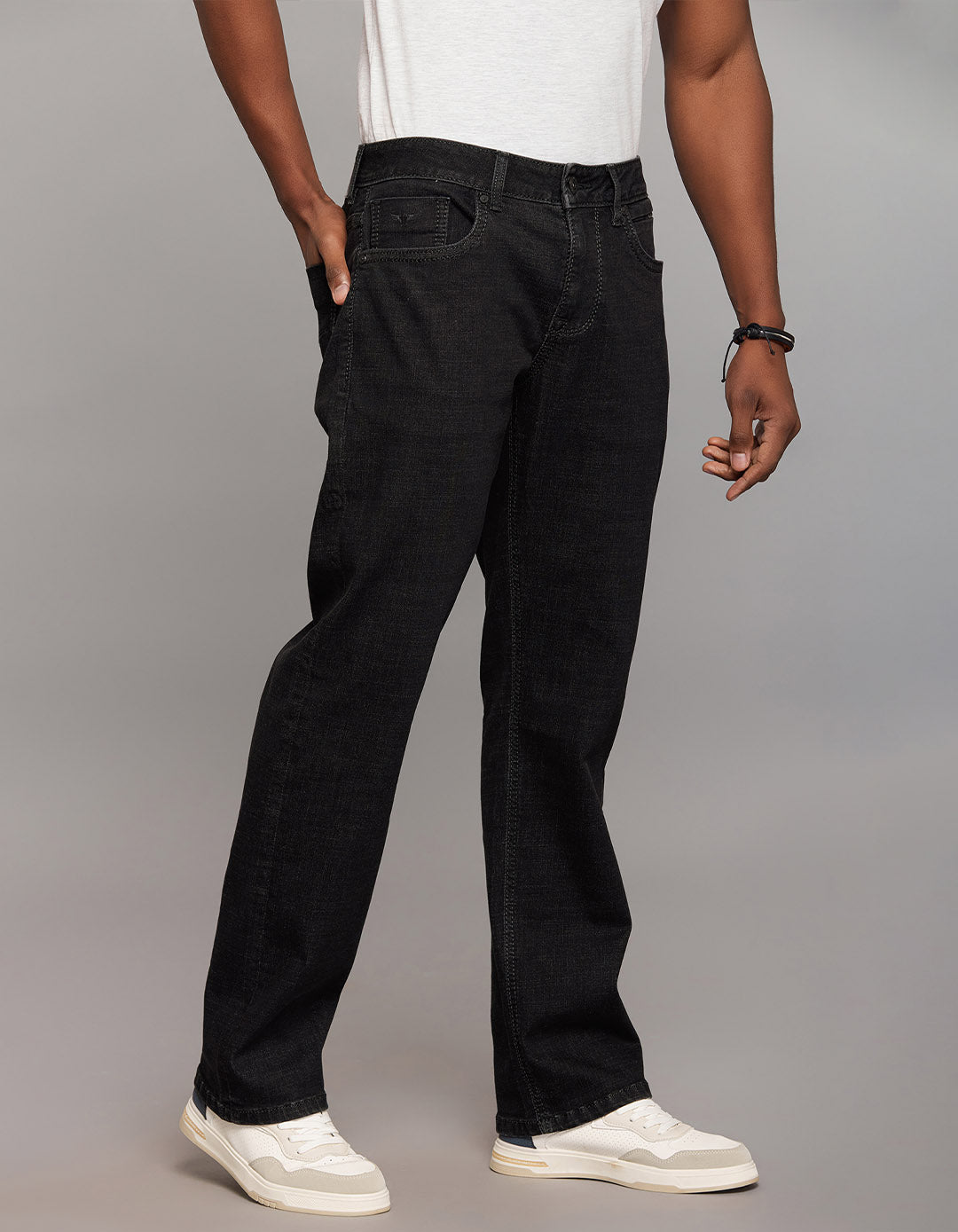 Dark Grey 5 Pocket Midrise, Comfort And Straight Fit Stretch Jeans